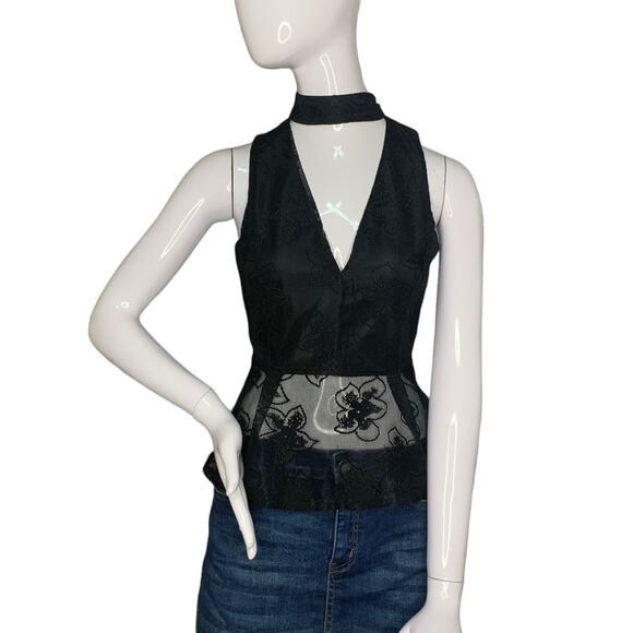 Charlotte Russe Tops - Charlotte Russe Halter Lace Top Black Zipper on back Size S Deep V